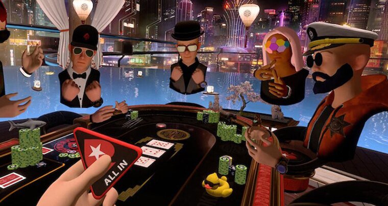 A virtual reality rendition of a poker game.