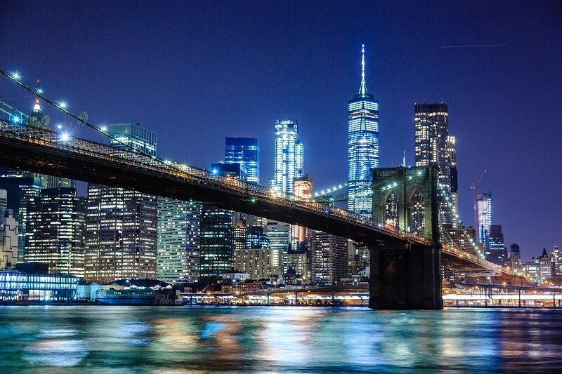 A nighttime view of the new York City skyline.