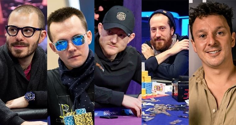 A profile picture of five poker players. From left to right they are: Dan Smith, Mikita Badziakouski, Jason Koon, Steve O'Dwyer and Sam Trickett
