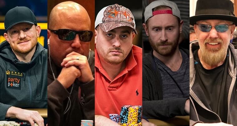 A profile shot with five poker players that include: Jason Koon, Lee Childs, Steven Merrifield, Kenneth Hicks and Iverson Snuffer